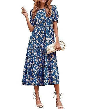 PRETTYGARDEN Women's Summer Casual Boho Dress Floral Print Ruffle Puff Short Sleeve Flowy Midi Be... | Amazon (US)
