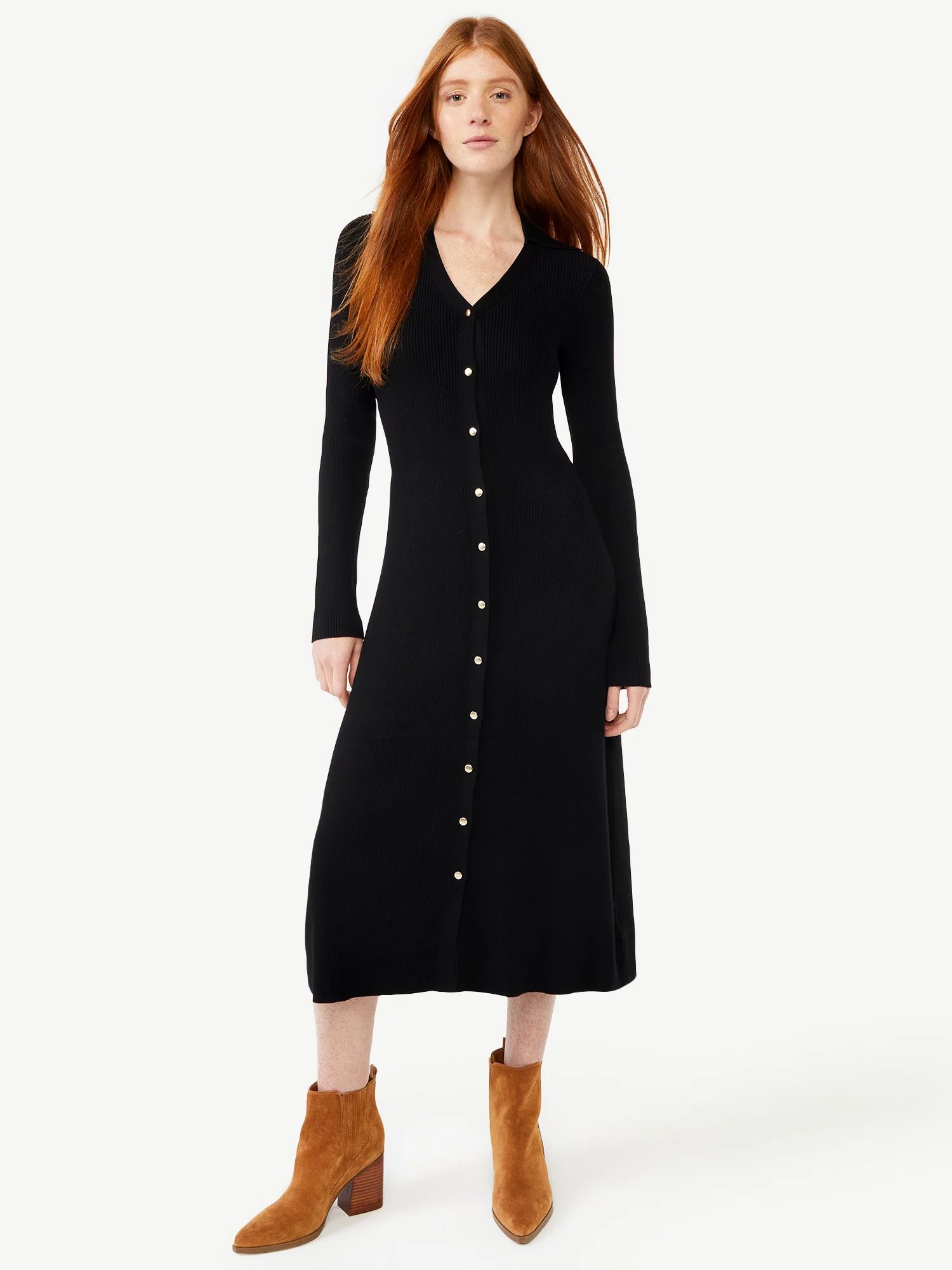 Free Assembly Women's Ribbed Sweater Midi Dress with Collar - Walmart.com | Walmart (US)