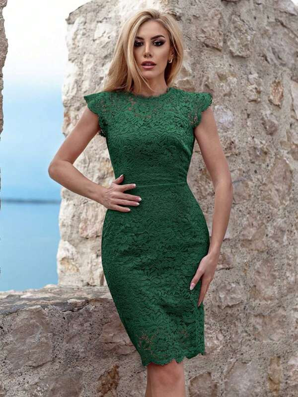 MIUSOL Solid Floral Lace Cap Sleeve Cocktail Party Fitted Dress | SHEIN