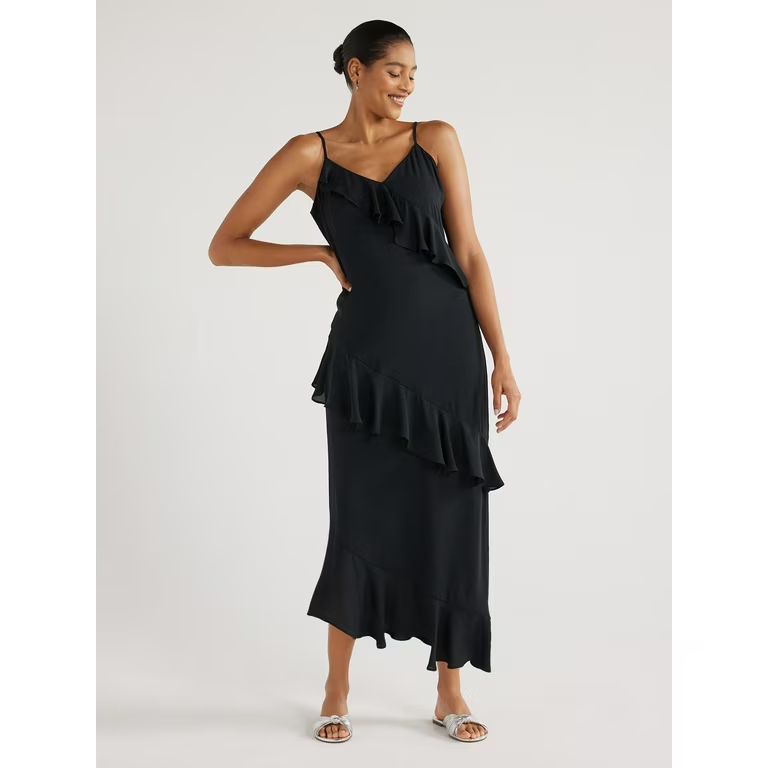 Scoop Women’s Ruffle Slip Bias Cut Dress, Sizes XS-XXL - Walmart.com | Walmart (US)