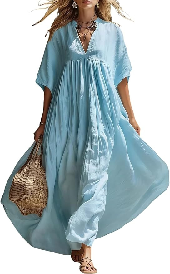yoeasy Women's Summer Flowy Maxi Dress Short Sleeve V Neck Casual Loose Fit A-Line Boho Swing Bea... | Amazon (US)