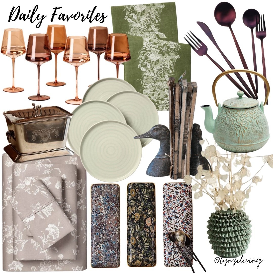 Daily Favorites 

Spring decor 2026, spring home decor 2026, neutral home decor, earthy home decor, green home decor, brown home decor, brown wine glasses, neutral wine glasses, green table runner, floral table runner, brown flatware, unique flatware, Japanese tea kettle, sage green tea kettle, duck bookends, mallard bookends, green vase, modern vase, serving tray set, sage green dinnerware, dinner plates, beige sheets, floral sheets, silver tea caddy, horse tea caddy, calming home decor

#LTKSeasonal #LTKHome #LTKFindsUnder100