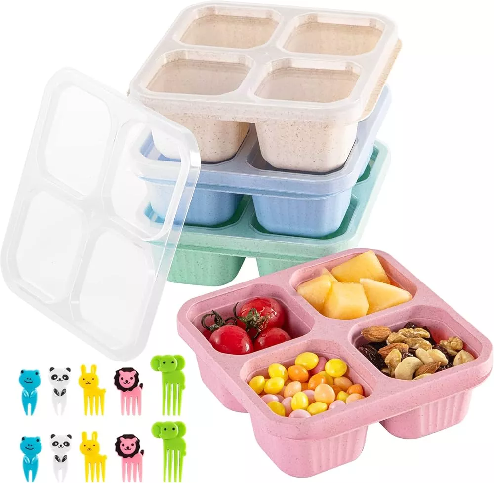 4 Pack Snack Containers with Clear Lids 4 Compartment Bento Lunch Box US