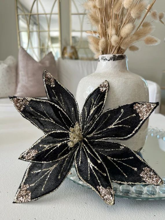 Black & Gold Glitter Poinsettia Flower Ornament L Christmas - Etsy | Etsy (US)