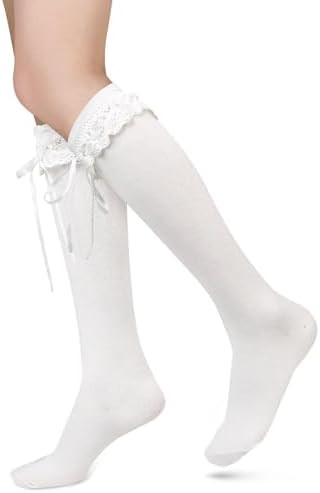 Benefeet Sox Womens Lace Ruffle Knee High Socks Girls Kawaii Lace Top Lolita Stockings Black Whit... | Amazon (US)