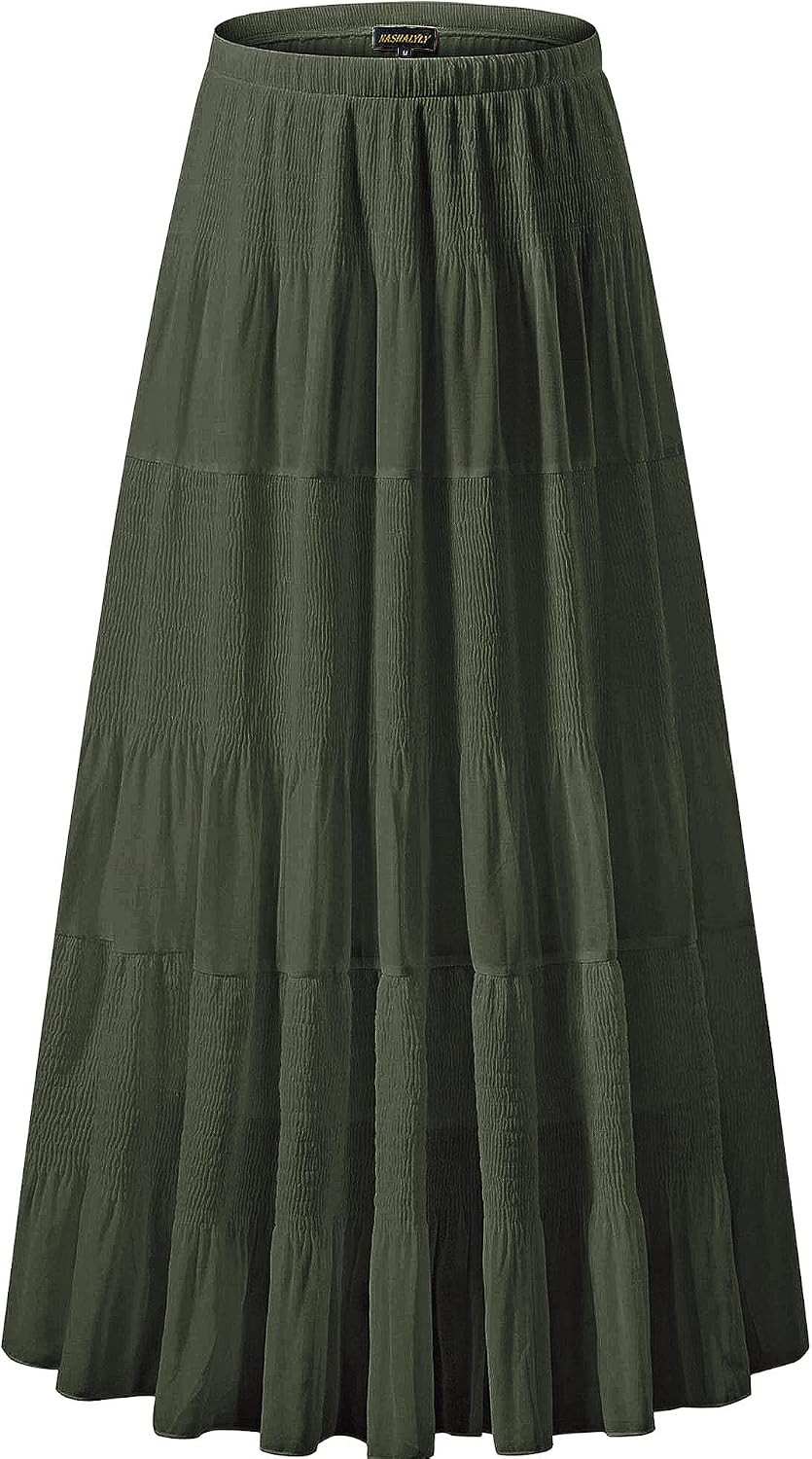 NASHALYLY Women's Chiffon Elastic High Waist Pleated A-Line Maxi Skirts | Amazon (US)