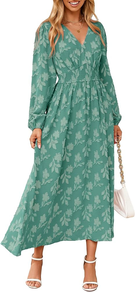 Simplee Womens Boho Floral Long Sleeve Maxi Dress V Neck Empire Waist Fall Wedding Guest Dresses ... | Amazon (US)