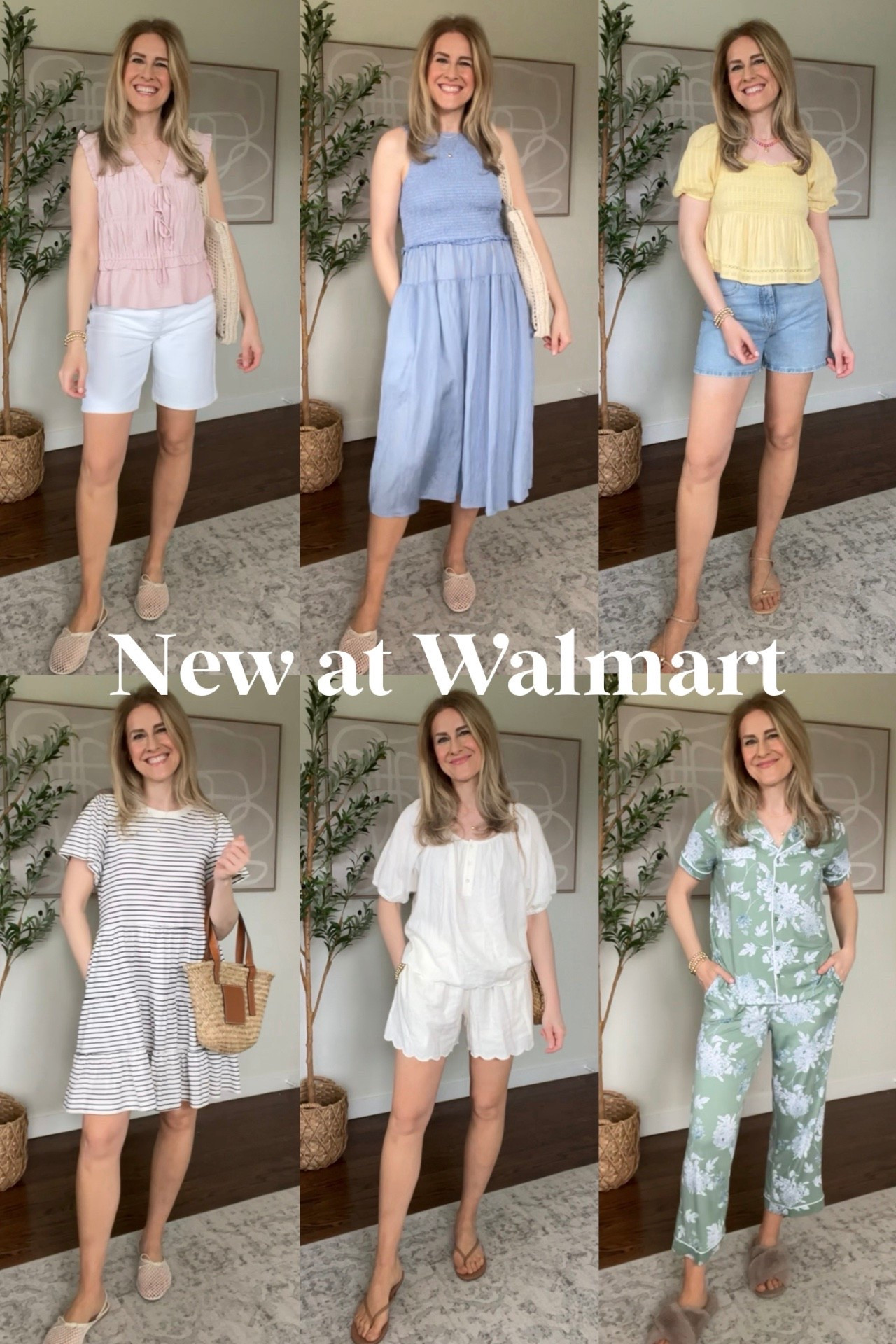 Walmart finds that looks so anthro! Romantic tops, unique prints, feminine dresses and polished denim shorts. I sized up one size to medium in the dresses. Size small in the yellow top. Wearing size large in the pink top and the scalloped top because that’s all my store had - but they work! Size small pajamas. Denim shorts tts 6. #walmartfashion 

#LTKOver40 #LTKootd