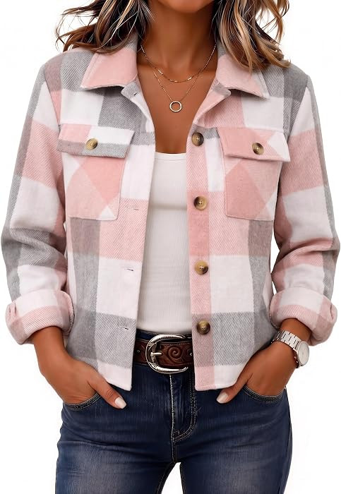 Zeagoo Flannels for Women Cropped Shacket Jacket Fashion Plaid Fall Coat | Amazon (US)