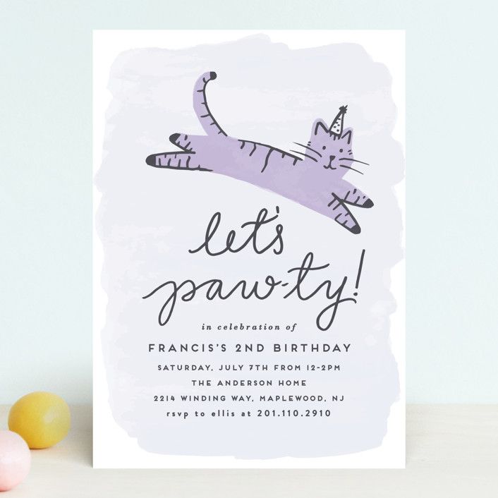 "Pawty Cat" - Customizable Children's Birthday Party Invitations in Orange by Everett Paper Goods... | Minted