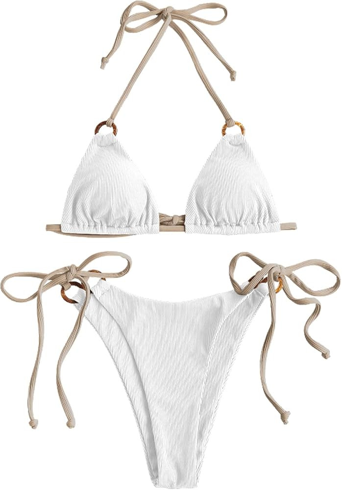 ZAFUL Women Halter Bikini Set, Ribbed O Ring String Cheeky Bikini Swimwear Tie Side Triangle Swimsui | Amazon (US)