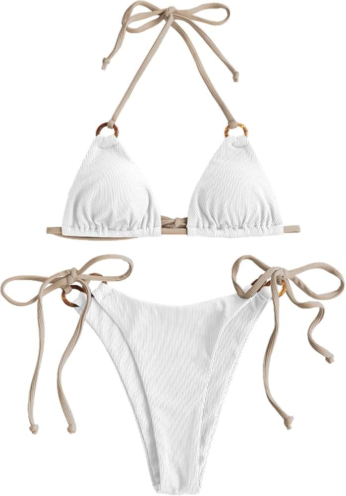 ZAFUL Women Halter Bikini Set, Ribbed O Ring String Cheeky Bikini Swimwear Tie Side Triangle Swimsui | Amazon (US)