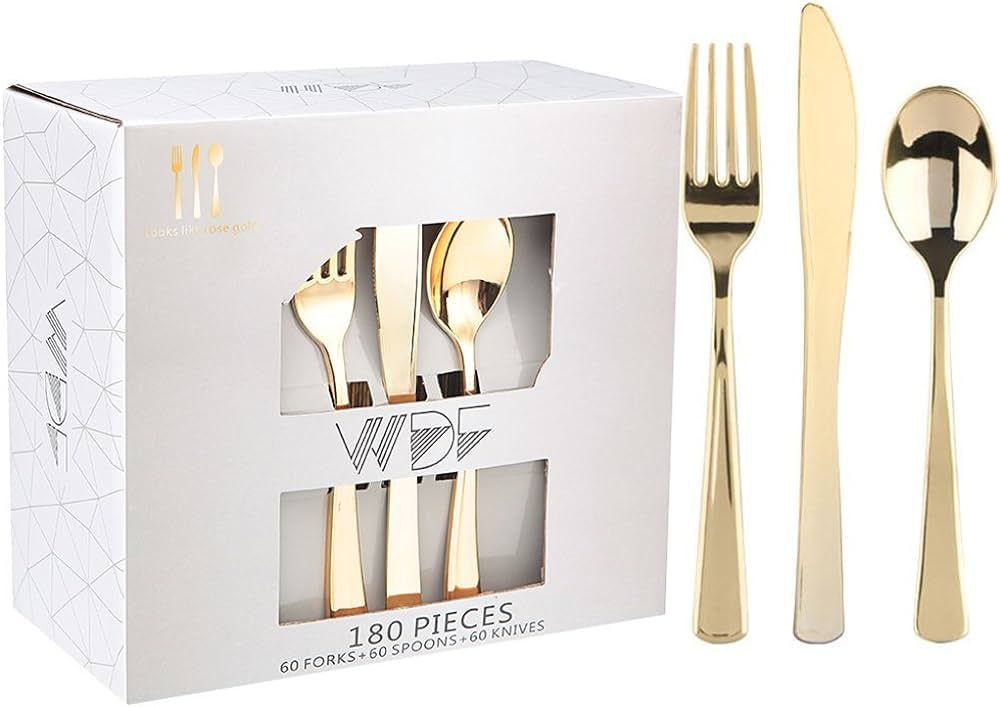 WDF 180 Pieces Disposable Plastic Gold Silverware Cutlery - Plastic Flatware Set 60 Forks, 60 Kni... | Amazon (US)