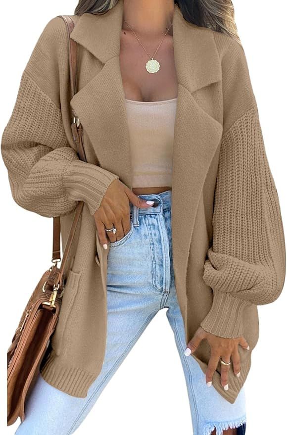 DEEP SELF Women Casual Long Sleeve Collared Open Front Knit Cardigan Button Down Ribbed Sweater C... | Amazon (US)
