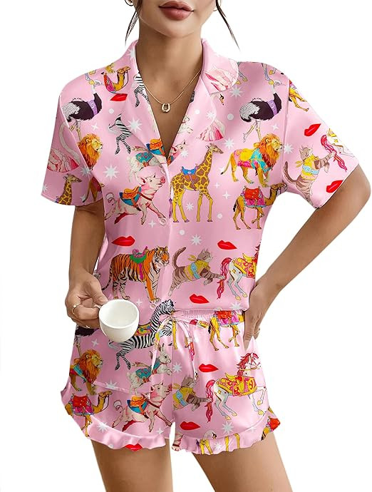 Ekouaer Womens Silk Pajamas Button Down 2 Piece Satin Pjs Shorts Set Ruffle Lingerie Notch Collar... | Amazon (US)