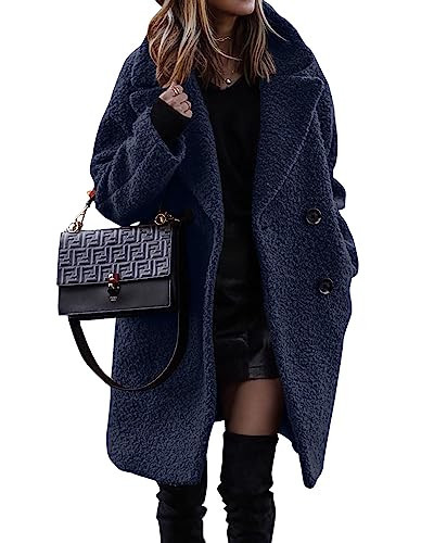 BTFBM Women Faux Fur Coats Lapel Fleece Sherpa Jackets,Navy,L | Amazon (US)
