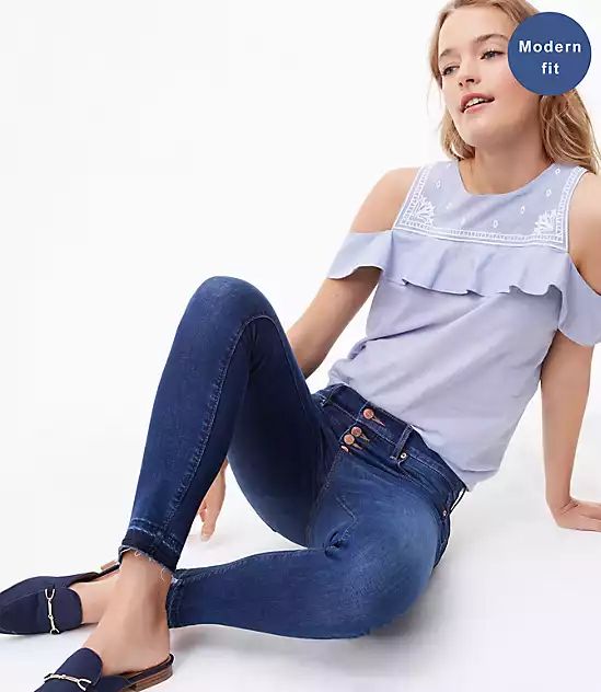 Tall Modern Unpicked Button Fly Skinny Jeans in Rich Mid Indigo Wash | LOFT | LOFT