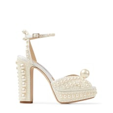 White Satin Platform Sandals with All-Over Pearl Embellishment | Jimmy Choo (US)