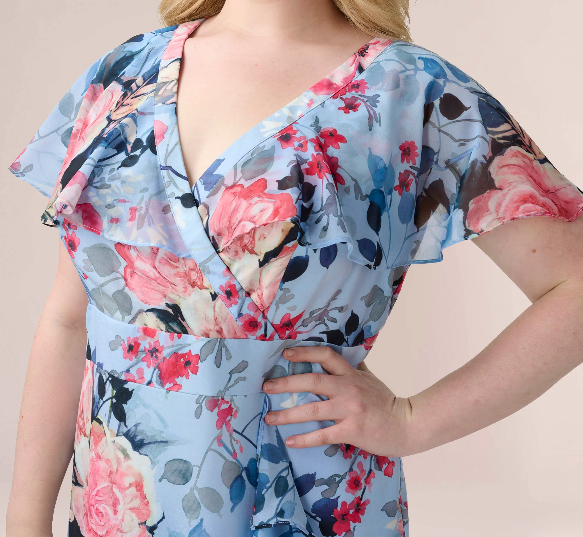 Plus Size Floral Faux Wrap Dress In Blue Multi | Adrianna Papell