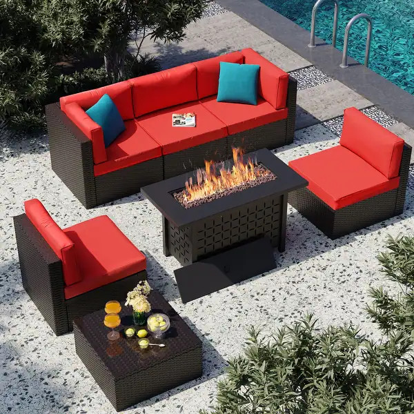7 Piece Sectional Seating Group with Cushions and Fire Pit - Red | Bed Bath & Beyond