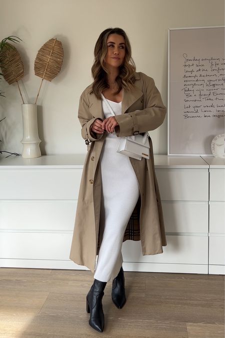 Styling a trench coat for spring with pretty lavish white ribbed dress and black pointed ankle boots. Le chiquito Jacquemus bag in white for easy spring transitional outfit 

#LTKeurope #LTKstyletip #LTKSeasonal
