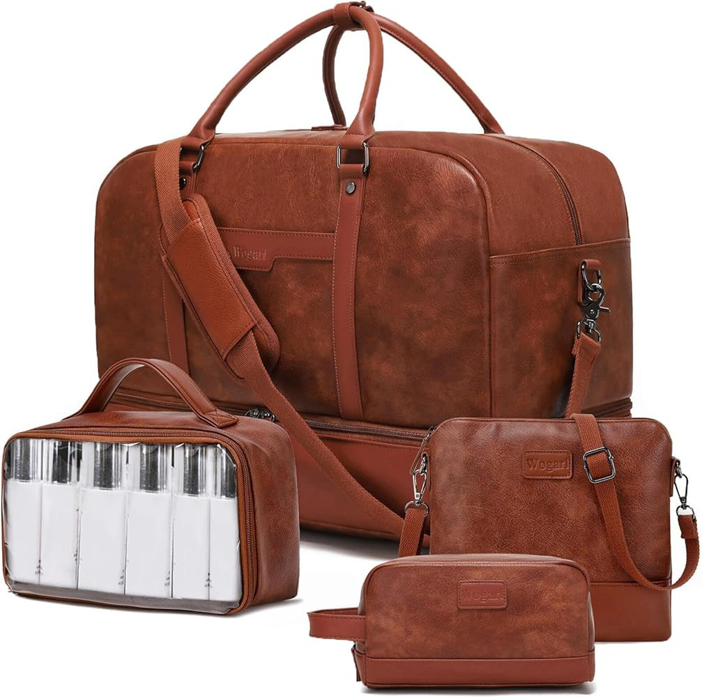 Wogarl 4PCS Leather Weekender Bag for Women Men Large Overnight Bag Travel Duffel Bag with Shoe C... | Amazon (US)