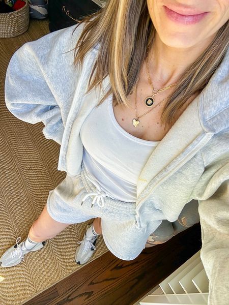 I’m wearing Abercombie shorts (S) and Abercrombie hooded jacket (S), New Balance sneakers (1/2 size up) and fun mid-calf socks. My personalized necklaces are also linked below! #athleisure  

#LTKtravel #LTKSeasonal