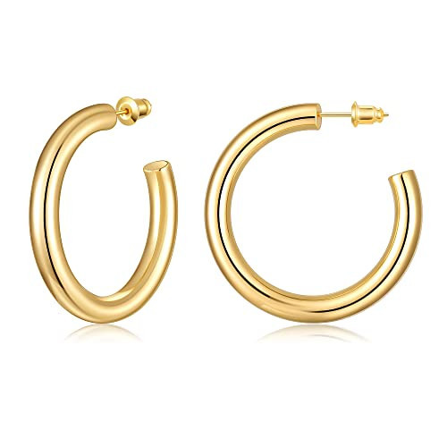 Gacimy Chunky Gold Hoop Earrings for Women 14K Gold Plated, 925 Sterling Silver Post Hoops for Women, 40mm Yellow Color Medium Earrings | Amazon (US)