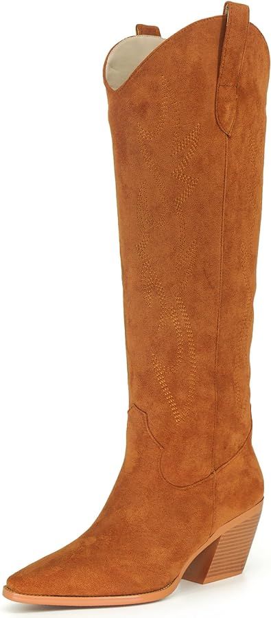 iiimmu Cowgirl Boots Women Knee High Boots Pointed Toe and Block Heel Cowboy Suede Boots with Emb... | Amazon (US)