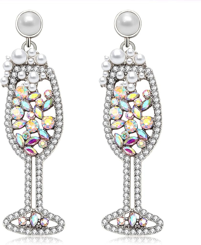 Champagne Wine Glass Earrings-Handmade Champagne Flute Earrings -Charm Rhinestone Crystal Pearl bead | Amazon (US)