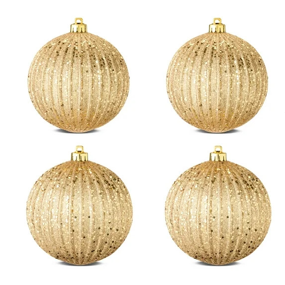 4-Count Gold Glitter Shatterproof Textured Christmas Ornaments, 5.9 in, by Holiday Time | Walmart (US)
