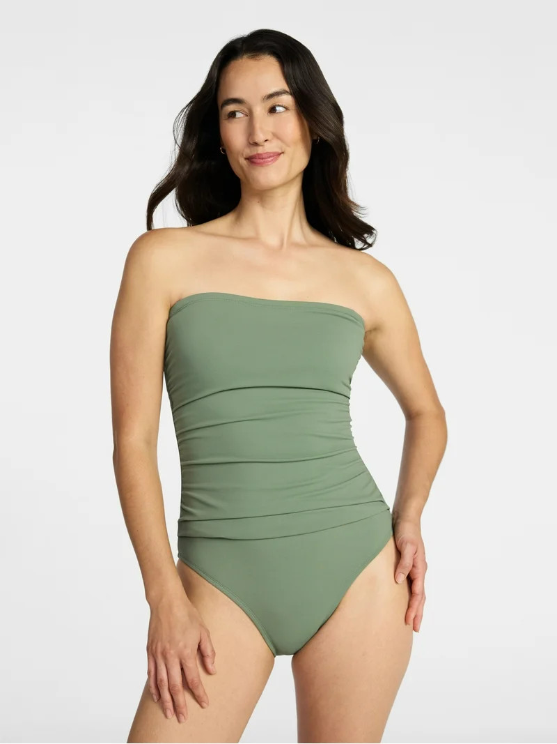Time and Tru Women's and Women's Plus Size Ribbed Bandeau One Piece Swimsuit, Sizes XS-3X | Walmart (US)