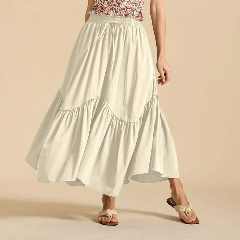 Nuoqisi Women's Summer Solid Casual Pocket Drawstring Pleated Elastic Waist Asymmetric Skirt - Fl... | Walmart (US)