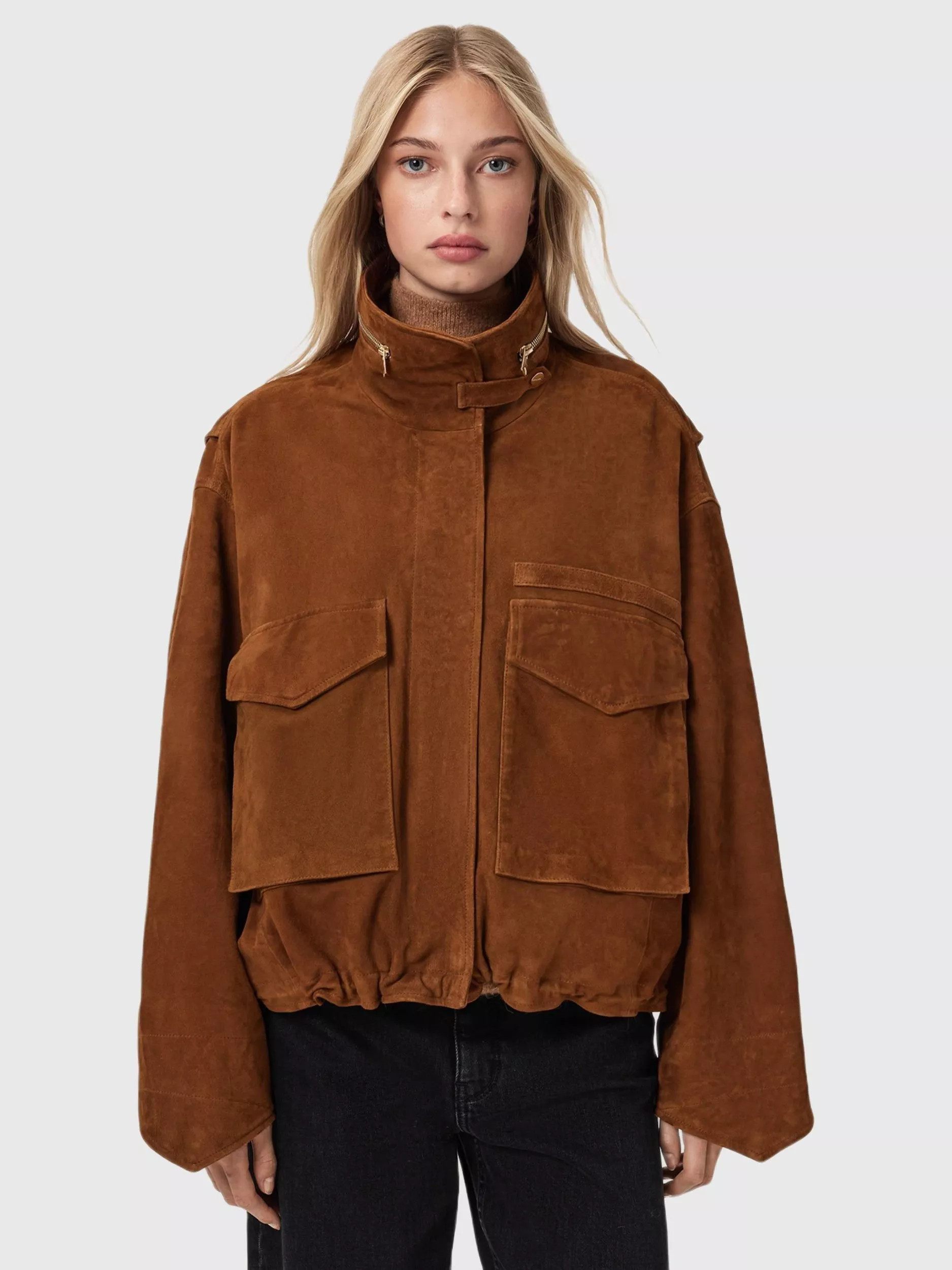 AllSaints Clay Suede Jacket, Cognac Brown | John Lewis (UK)