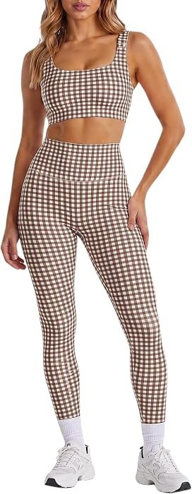 Womens Gingham Workout Sets 2 Piece Sets Athletic Outfits Sports Bra High Waist Leggings Sets Mat... | Amazon (US)