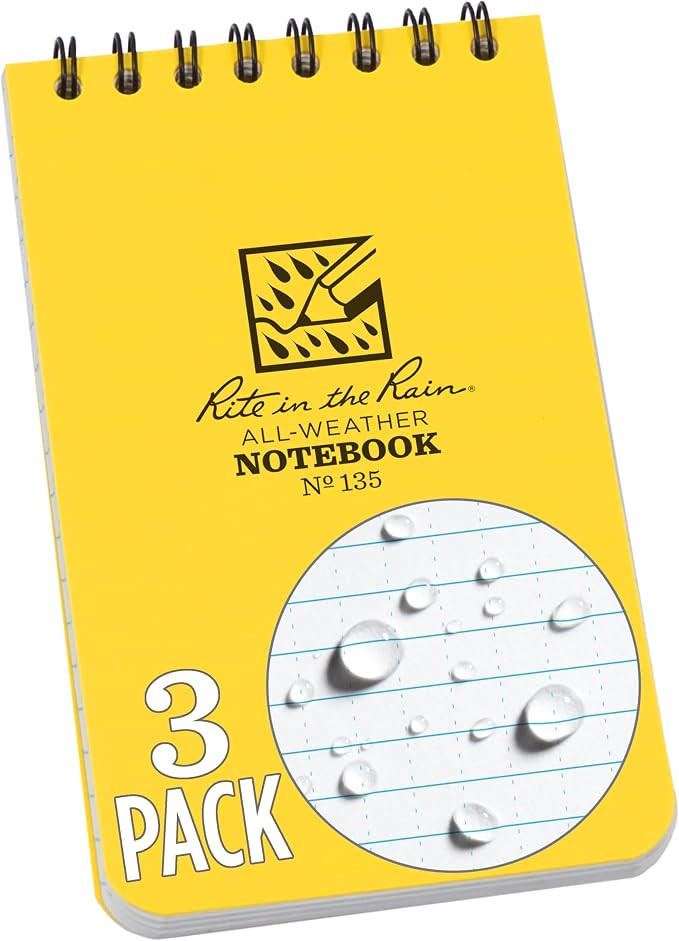 Rite in the Rain Weatherproof Top Spiral Notebook, 3" x 5", Yellow Cover, Universal Pattern, 3 Pa... | Amazon (US)