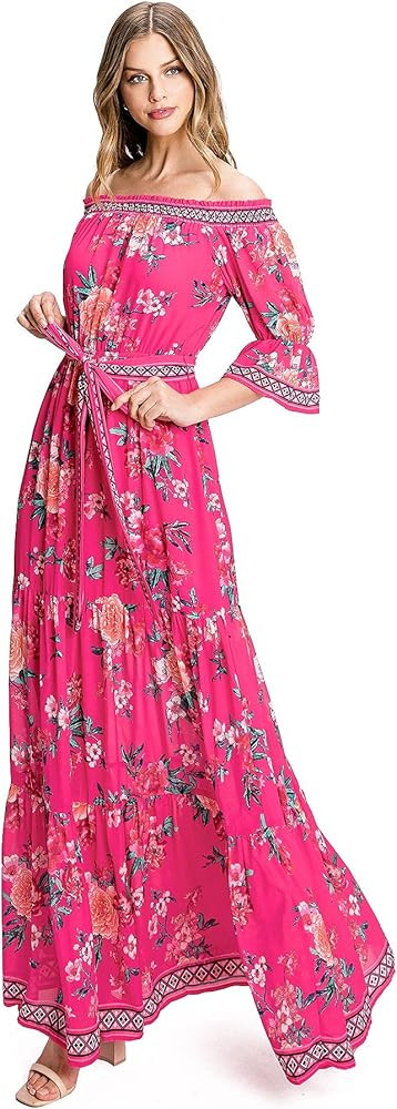 Jealous Tomato Women's Juniors Off Shoulder Chiffon Floral Maxi Dress | Amazon (US)
