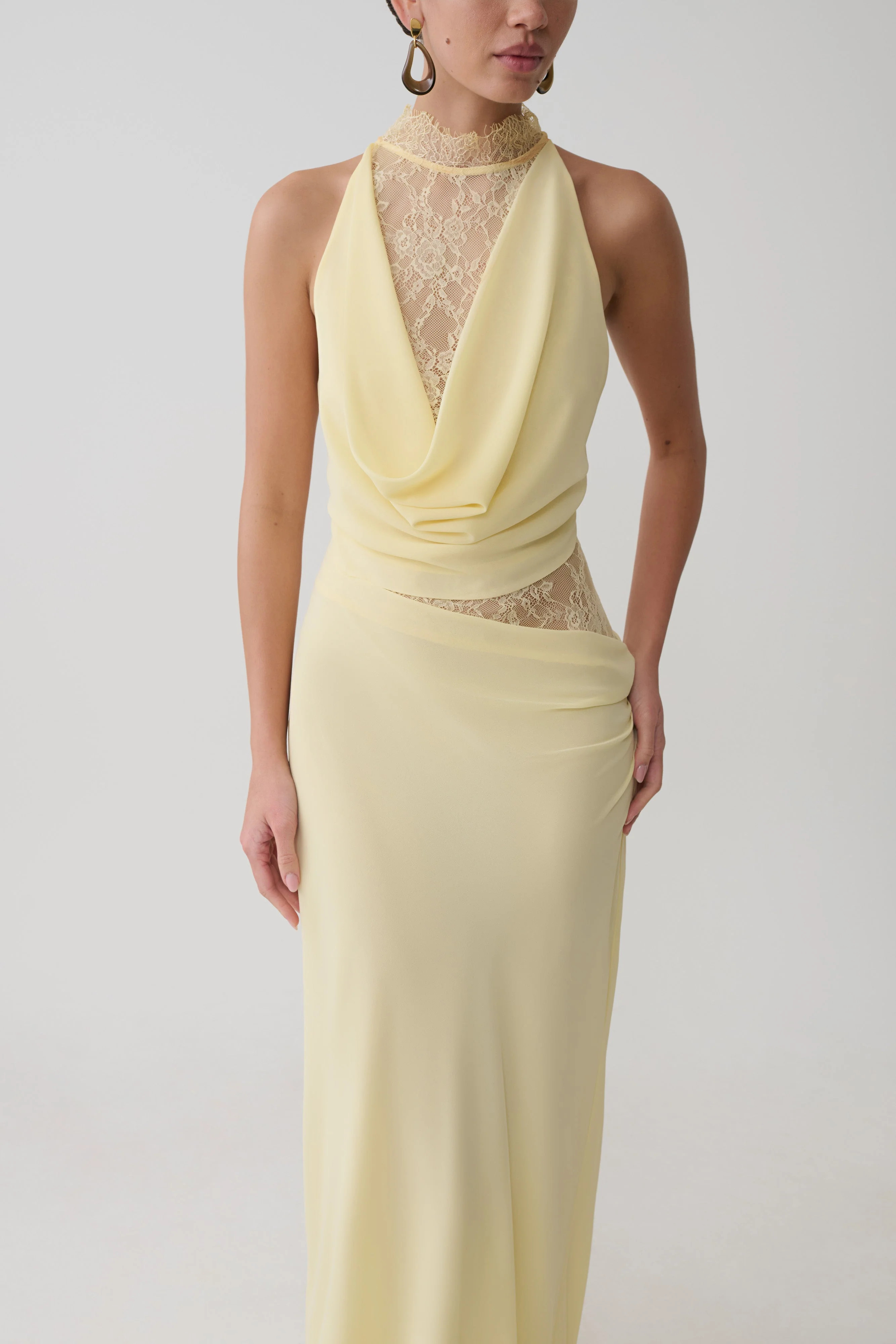 Arra Chiffon And Lace Halter Maxi Dress - Lemon | MESHKI US