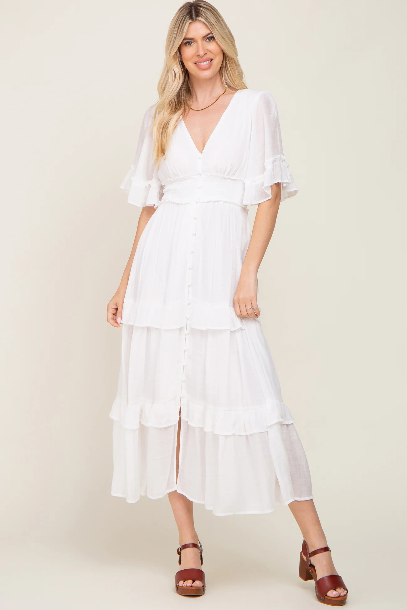 White Button-Down Front Ruffle Tiered Maternity Maxi Dress | PinkBlush Maternity