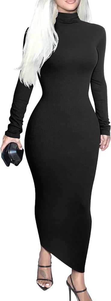 Memoriesea Women's Fall Turtleneck Long Sleeve Ribbed Slim Bodycon Maxi Dress | Amazon (US)