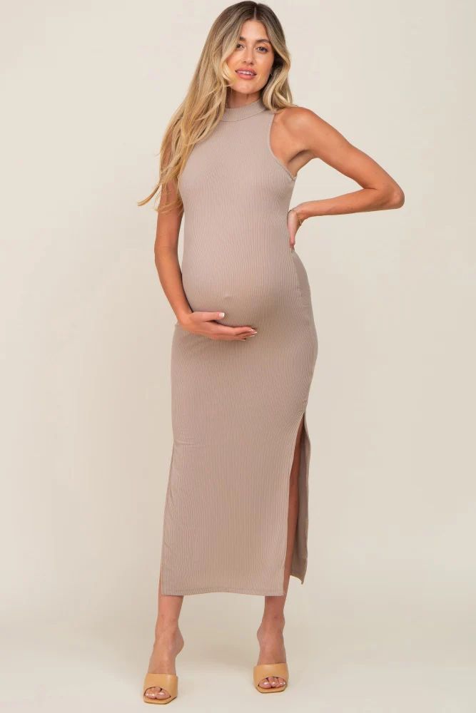 Taupe Ribbed Side Slit Maternity Maxi Dress | PinkBlush Maternity