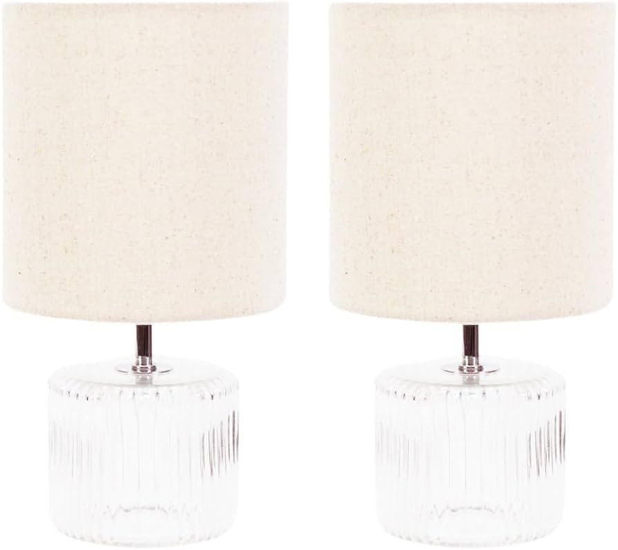 Pair of - Clear Glass Base Table Lamp with Natural Fabric Drum Lampshade Living Room Bedside Ligh... | Amazon (UK)