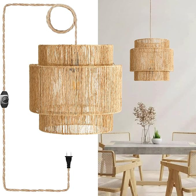 Plug-in Woven Pendant Light - Jute Hanging Lamp Shade with Adjustable Cord, Boho Light Fixture fo... | Amazon (US)