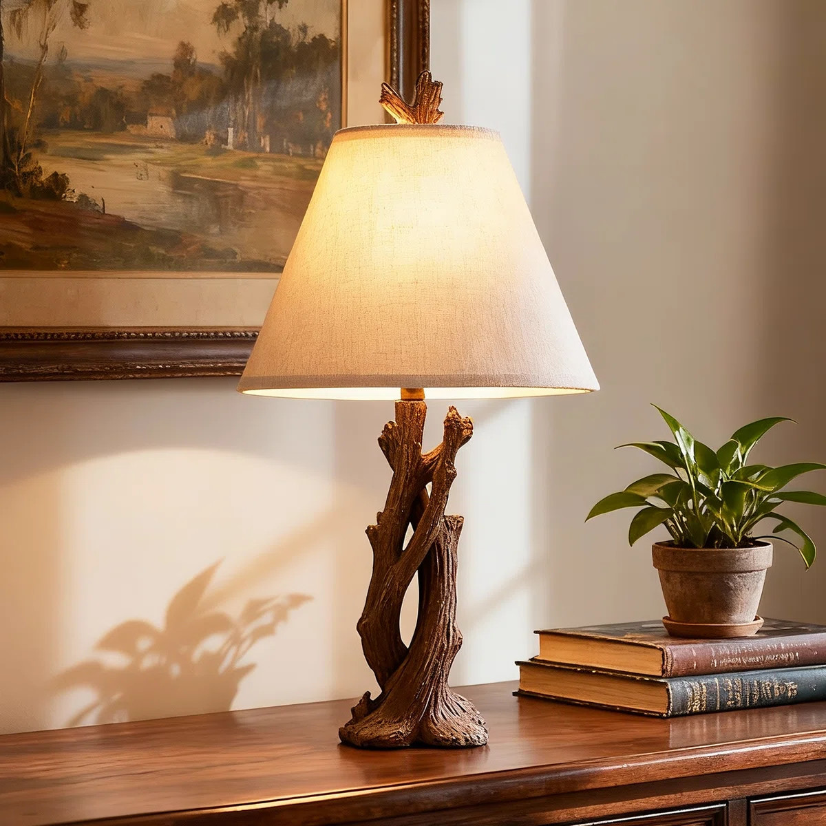 23.6'' Rustic Resin Tree Trunk Table Lamp with Natural Linen Shade & Bulb Included | Wayfair North America