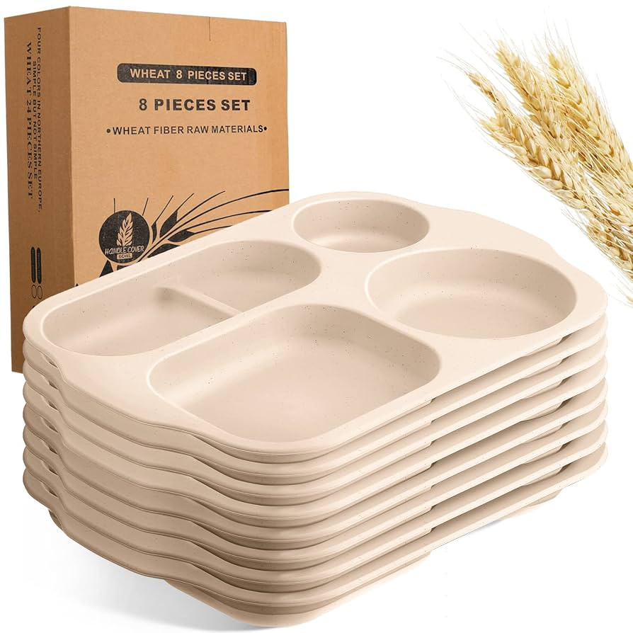 Tanlade 8 Pcs Large Unbreakable Divided Plates 12 Inch Wheat Straw Food Tray 5 Compartment Food P... | Amazon (US)