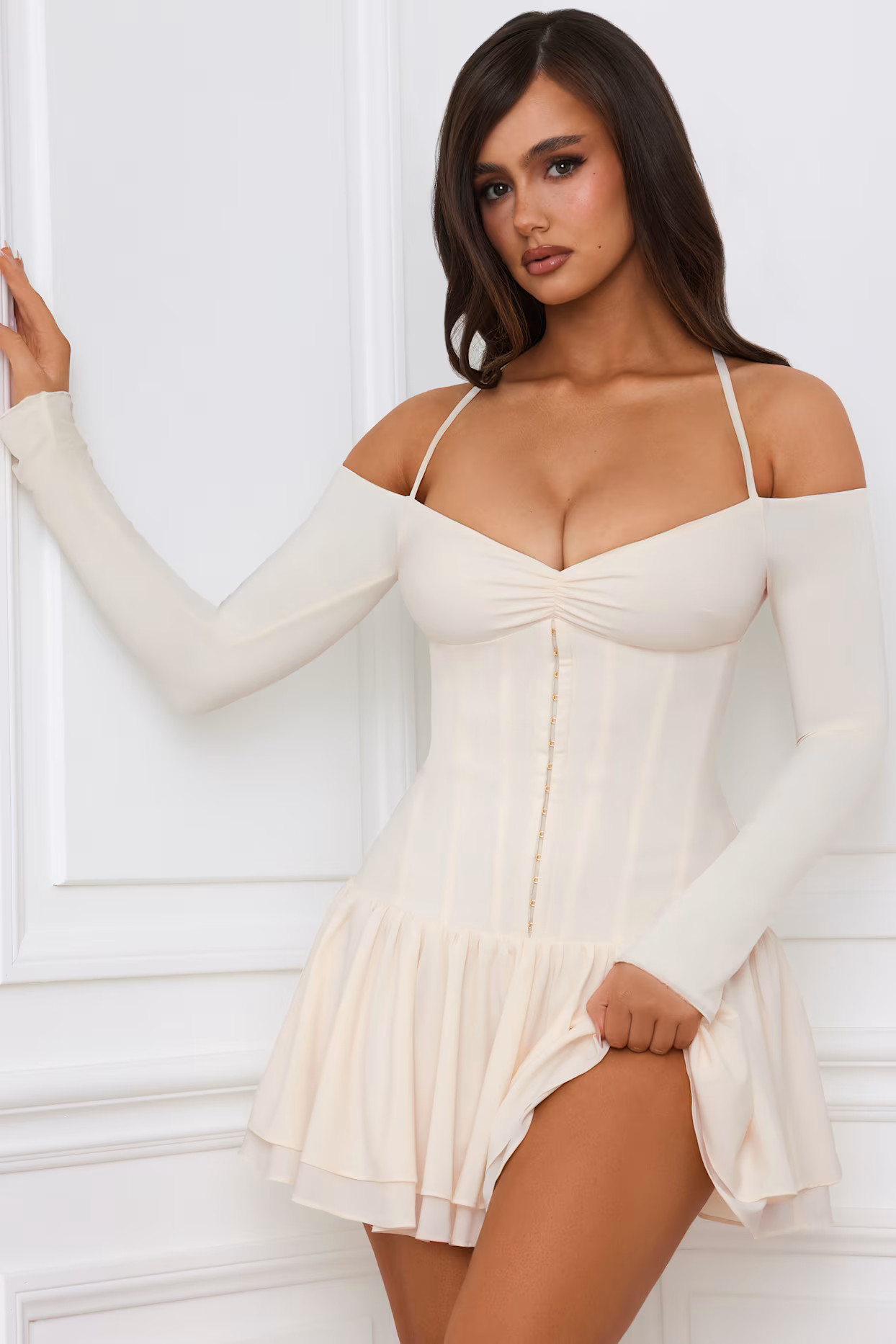 Off-Shoulder Tiered Corset Mini Dress in Ivory | Oh Polly
