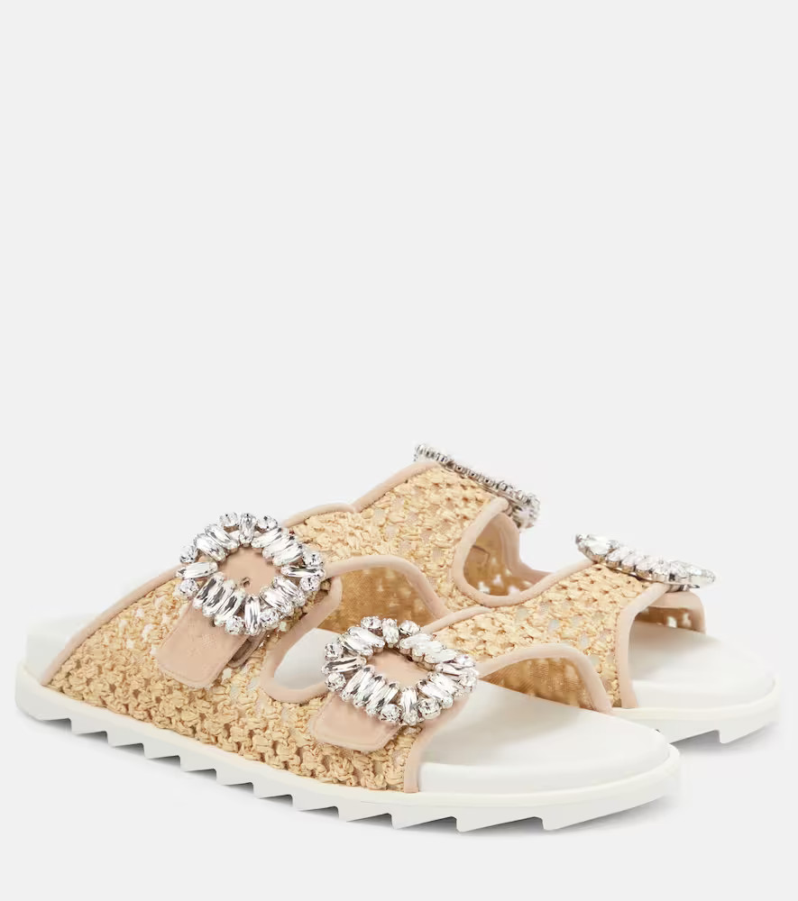 Roger Vivier Slidy Viv' embellished raffia sandals | Mytheresa (UK)