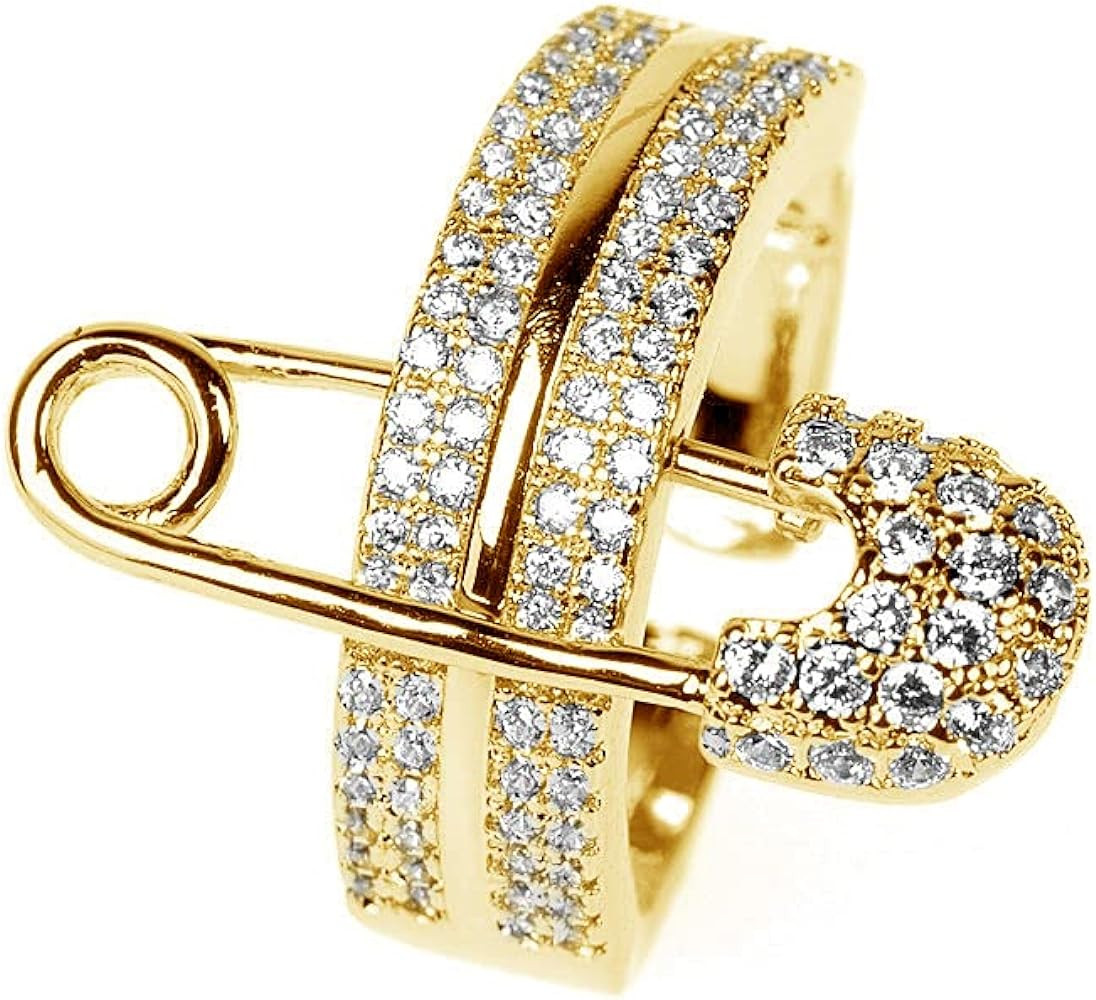 NewZenro Wide Flat CZ Safety Pin Chunky Open Rings Fashion Gold Plated Cubic Zirconia Paved Expan... | Amazon (US)
