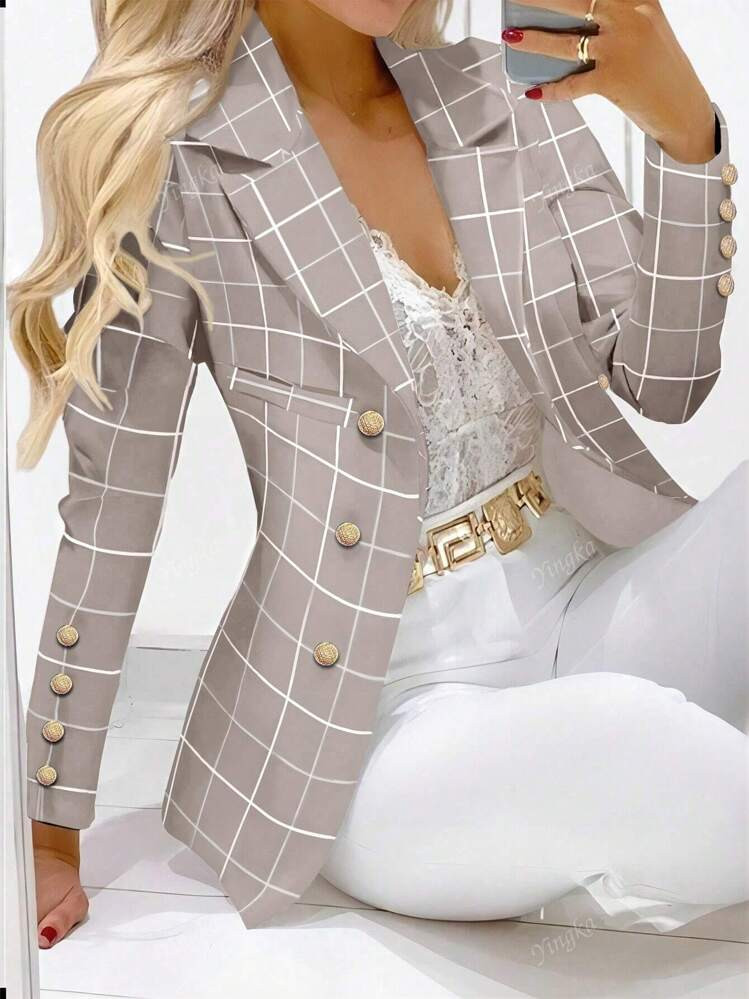 Plus Size Women's Front Button Long Sleeve Plaid Casual Blazer | SHEIN