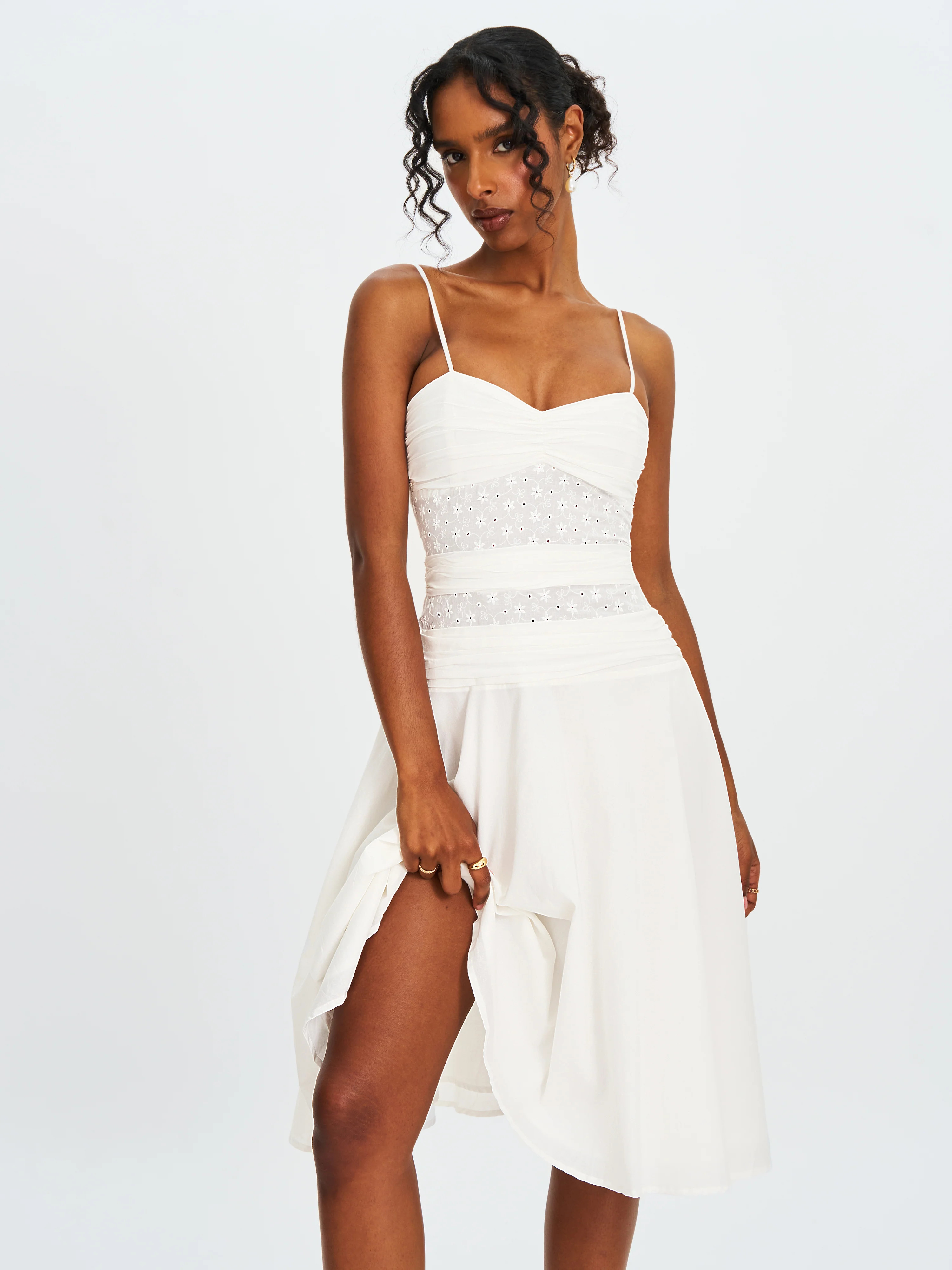 Maelis White Eyelet Drop Waist Cotton Midi Dress | Miss Circle